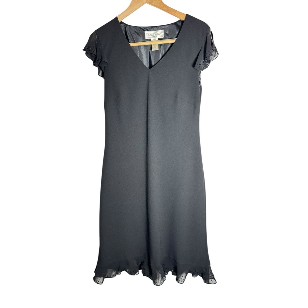 JONES WEAR  DRESS Black Beaded‎ Silk Flutter Sleeveless Size 14